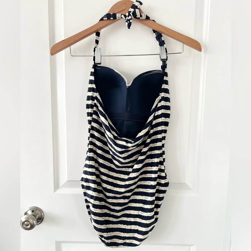 NipTuck Swim Multi Cup Fit Ruched Blue/White/Gold Striped Halter One Piece Swim